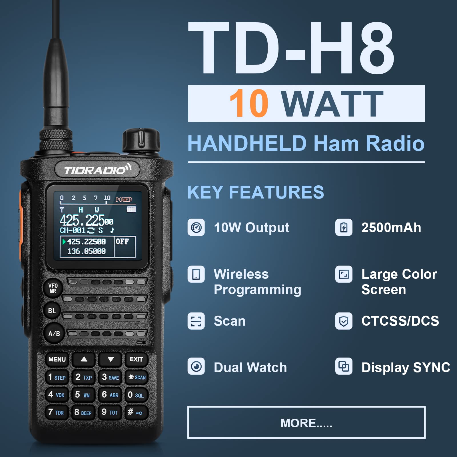 TIDRADIO Ham Radio 10Watt Handheld Dual Band Two-Way Radio TD-H8 with APP Bluethooth Wireless Programming Module with 2500mAh Battery Rechargeable Large Color Screen(1st Generation Improved)