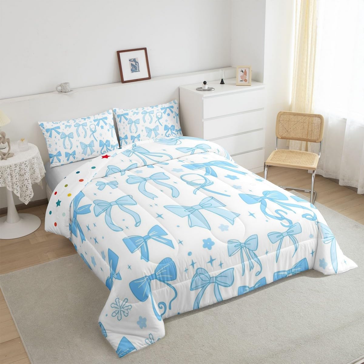 Feelyou Blue Bowknot Decoration Comforter Set Queen Size for Girls Adults Watercolor Blue Bow Kawaii Comforter Set Dreamy Princess Style Quilt Set