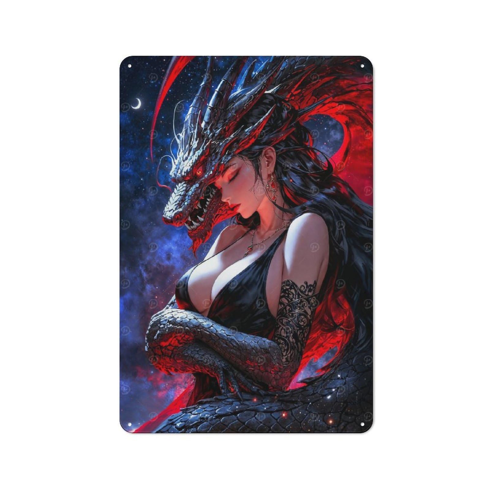 Junmoney Style-18 Decorative Metal Plaque With Dragon Woman Design 30X20cm, Modern Retro Studio Wall Art For Workspace, Cafe, Hallway Or Garage