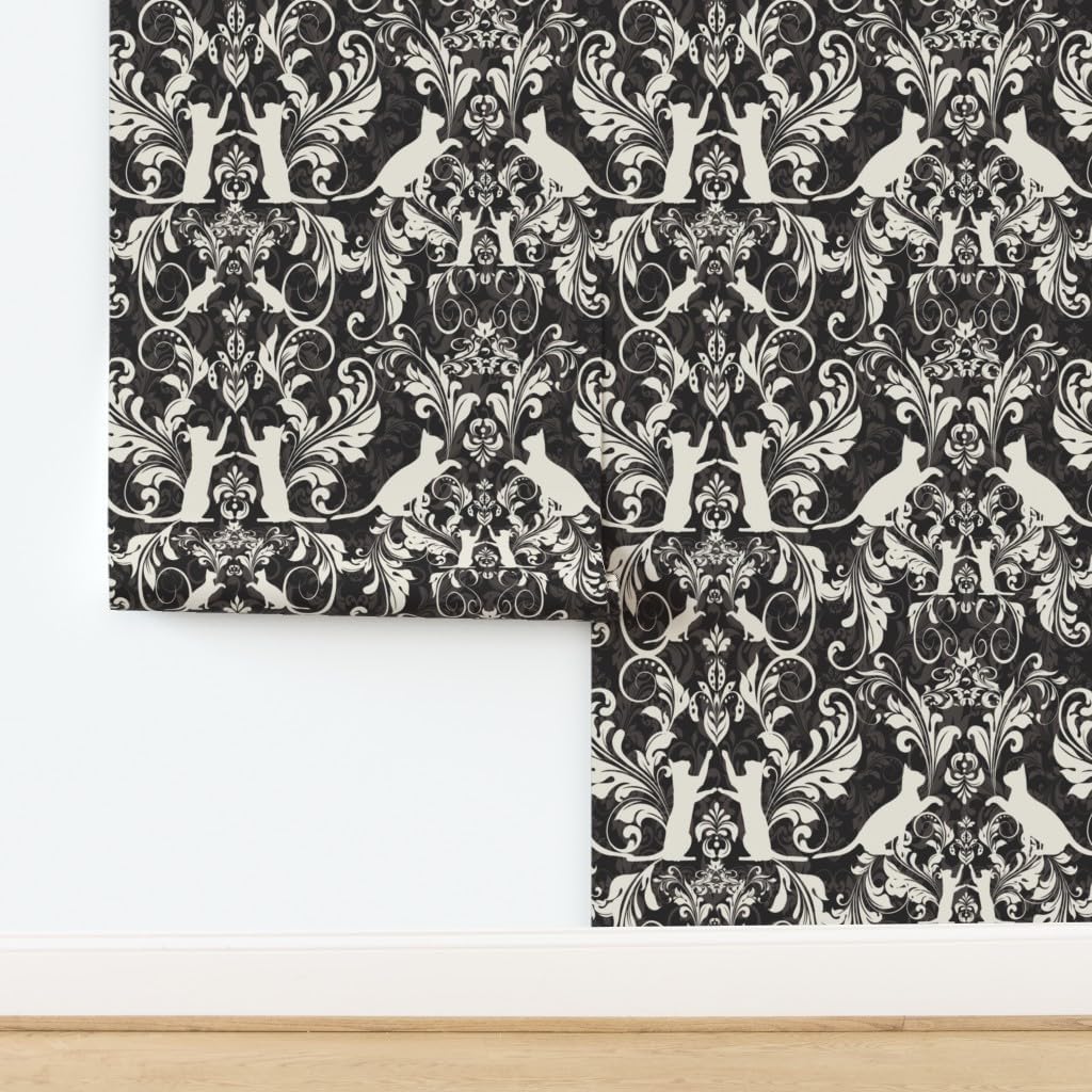 Peel & Stick Wallpaper 3ft x 2ft - Cat Damask Black Cream Victorian Damask Vintage Style Kitty Kitten Custom Removable Wallpaper by Spoonflower