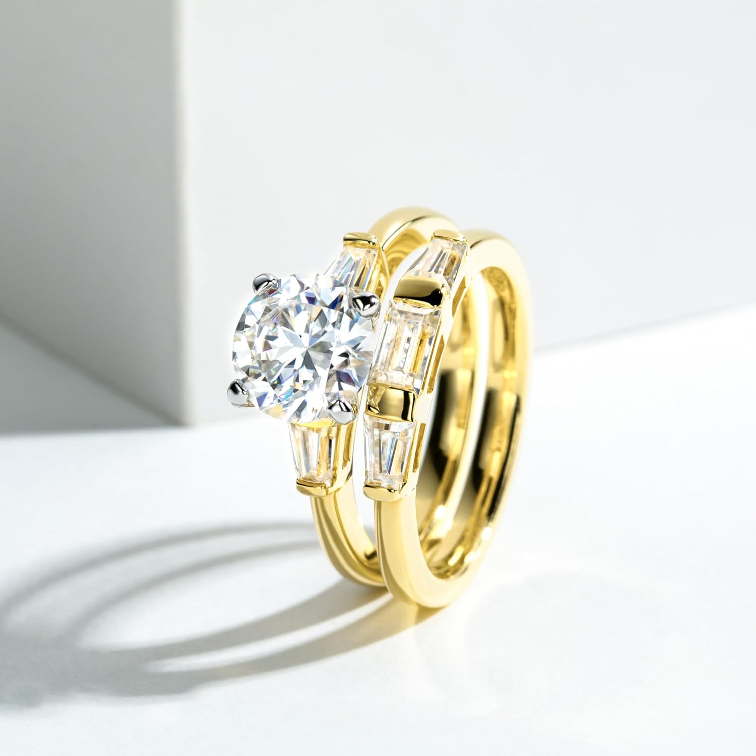 Idocare Main stones 1ct/2ct All Moissanite Rings Set for Women D Color Round Cut 14K Yellow Gold Plated 925 Sterling Silver