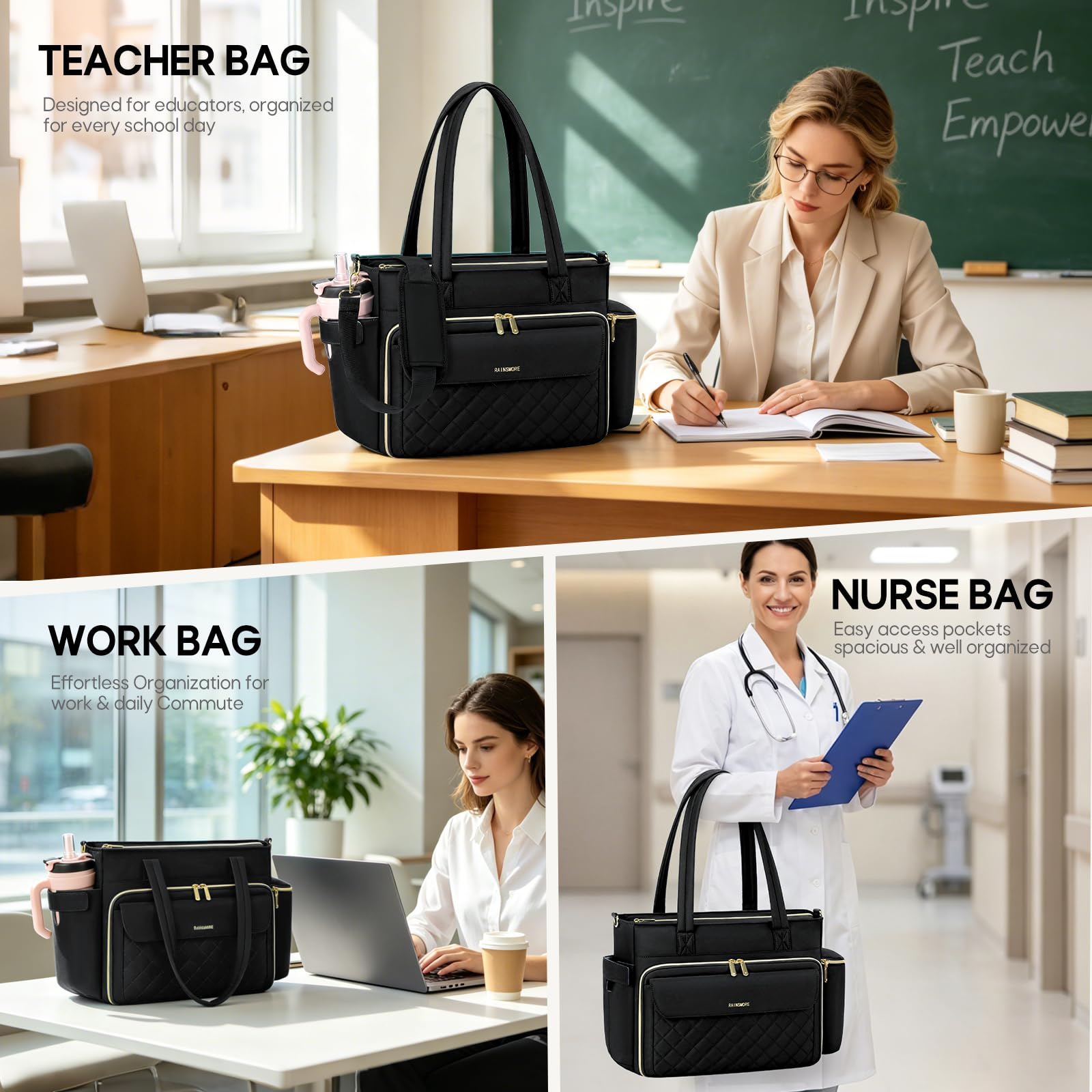 RAINSMORE Lehrertasche Damen Groß Laptoptasche, 15,6 Zoll, Schwarz | Arbeitstasche Isolierfach und Groß Getränkehalter, 3 Fächer, Abnehmbarer Schultergurt, Für Büro Uni Reisen
