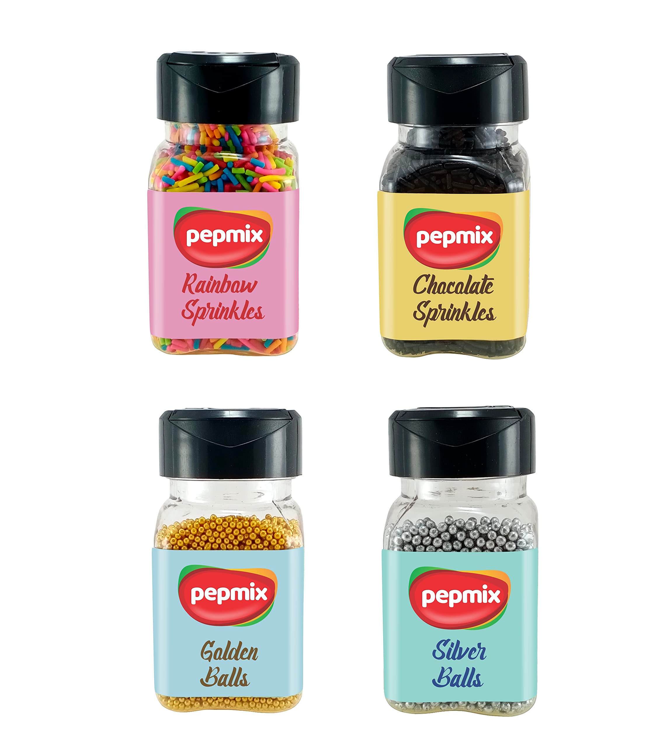 Pepmix Cake Sprinkles Combo of 4 Pack Chocolate Sprinkle, Rainbow Sprinkles, Silver Balls, Golden Balls for Cake, Cup Cake, Muffins, Milkshakes, Desserts Toppings and Decoration (Pack of 4 x 50g total 200g)