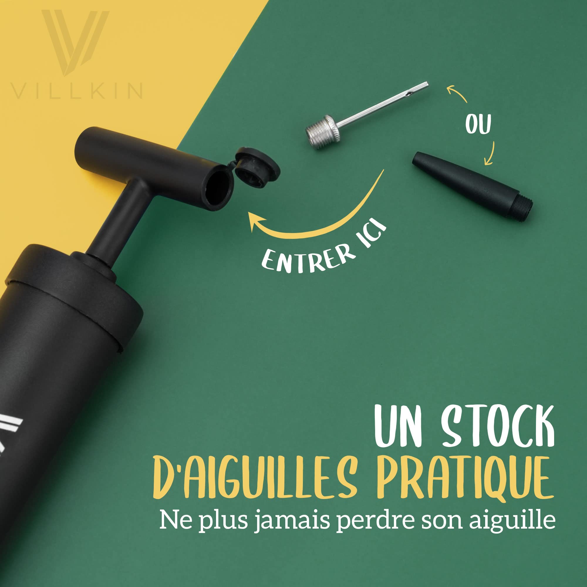 Villkin Pompe à ballon avec compartiment à aiguilles – Avec 4 aiguilles en métal, 2 aiguilles en plastique, 1 tuyau flexible – Convient pour le gonflage rapide du football, basketball, handball, etc