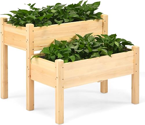 Miniatura 10 de RELAX4LIFE Cama de jardín elevada de 2 niveles, maceta elevada de madera de abeto con patas, 8 agujeros de drenaje, capacidad de 220 para cultivar