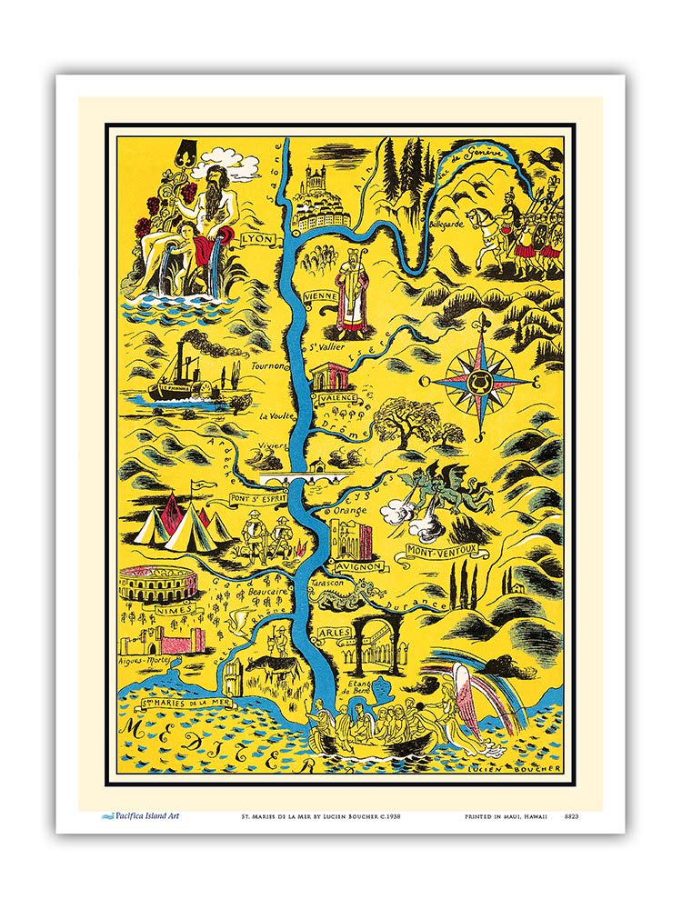 Pacifica Island ArtSt. Maries de la Mer France Vintage Map by Lucien Boucher c.1938 Art Print 9 x 12 in Multi PRTA8823