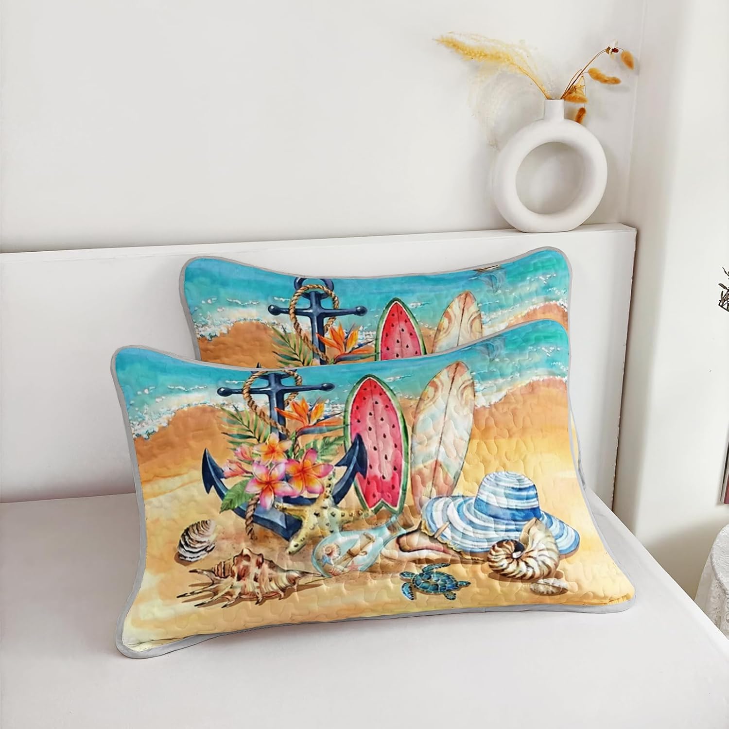 AILONEN Ocean Beach Bedding Quilt Set Twin Size,Tropical Boat Anchor Surfboard Theme Bedspread Coverlet,Blue Soft Lightweight (Quilt,2 Pillowcases)
