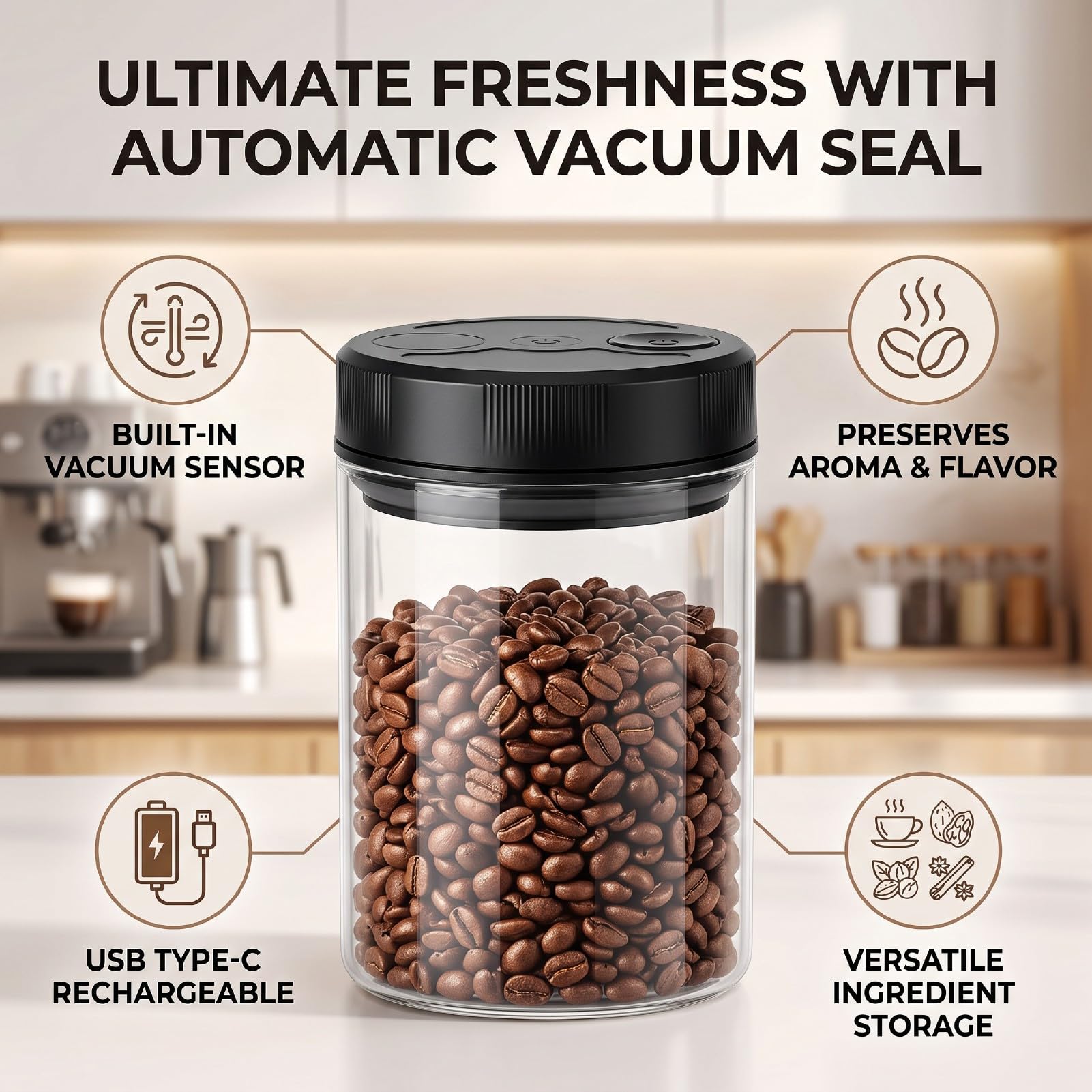 Contenitore Sottovuoto per caffè, Barattolo Automatico in Vetro