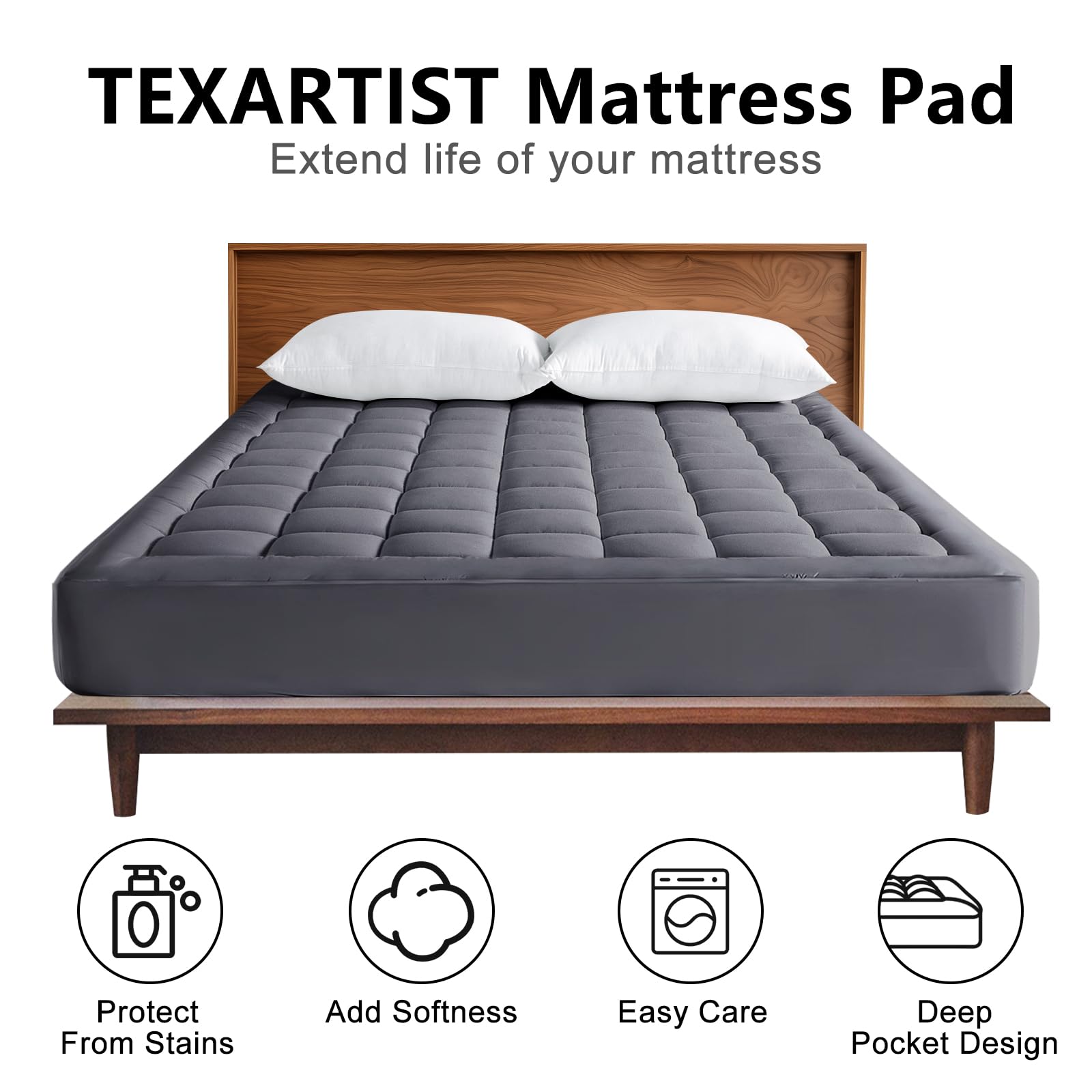 Full Size Mattress Pad Topper – Pillow Top With 8-21" Deep Pocket, Quilted, Breathable & Cooling (Solid Grey)