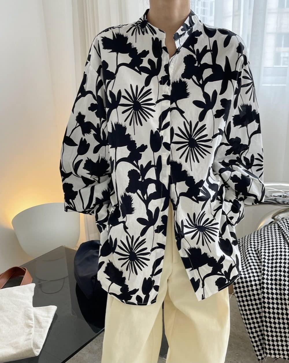 Damen Oberteile,Damen-Leinenbluse, Übergroß, Für Den Sommer, Mit Blumenmuster, Langarm-Shirts, Stehkragen-Oberteile, Elegante Bluse, T-Shirt-Jacke, Lockere Bluse, Tunika, Sweatshirt-Oberteile Für Fr