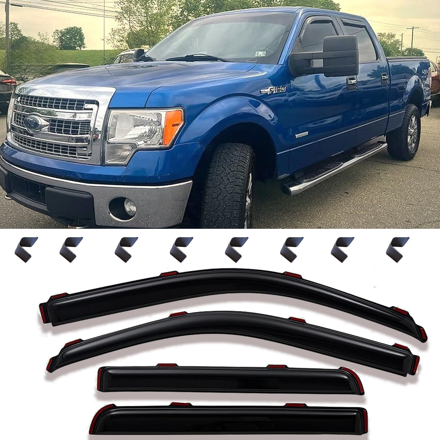 in-Channel Window Deflectors for Ford F-150 2009-2014 SuperCrew Cab, Dark Smoke Rain Guards, Vent Visors, Sun Shield Wind Deflector Truck Accessories,