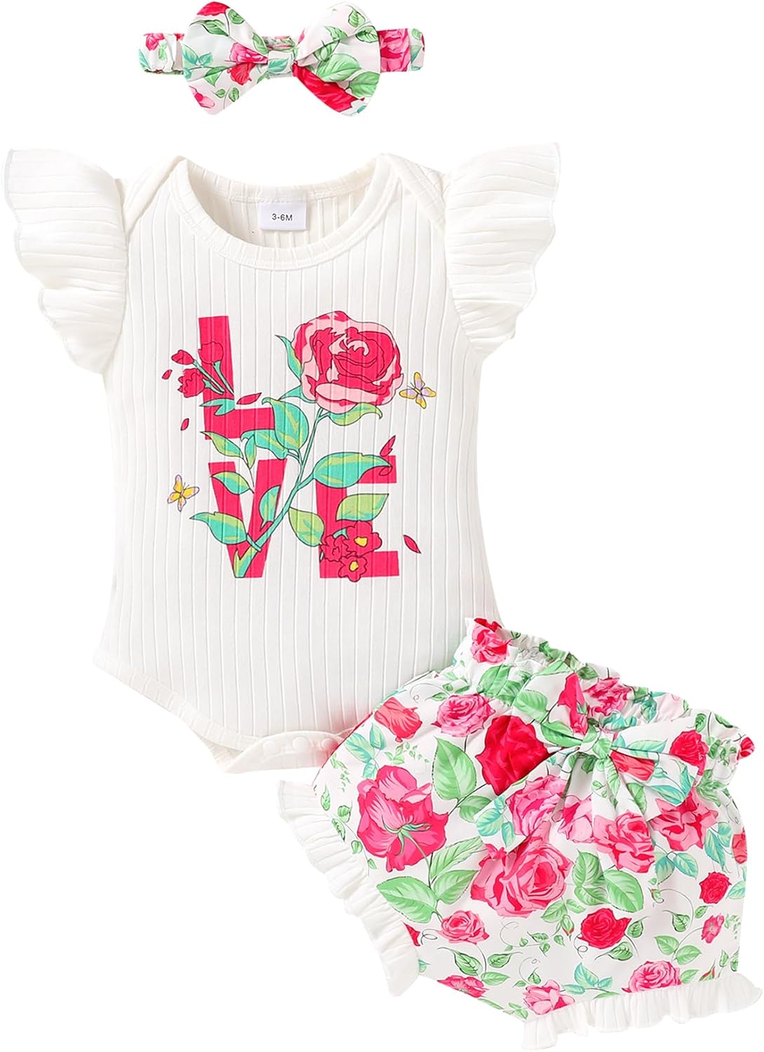 Tiny Cutey Baby Girl Clothes Infant Summer Outfits Set Ruffle Sleeve Romper and Floral Shorts with Headband