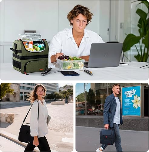 Miniatura 6 de MIER - Bolsa de almuerzo con doble compartimento y correa para el hombro para hombres y mujeres, aislada, a prueba de fugas, negra