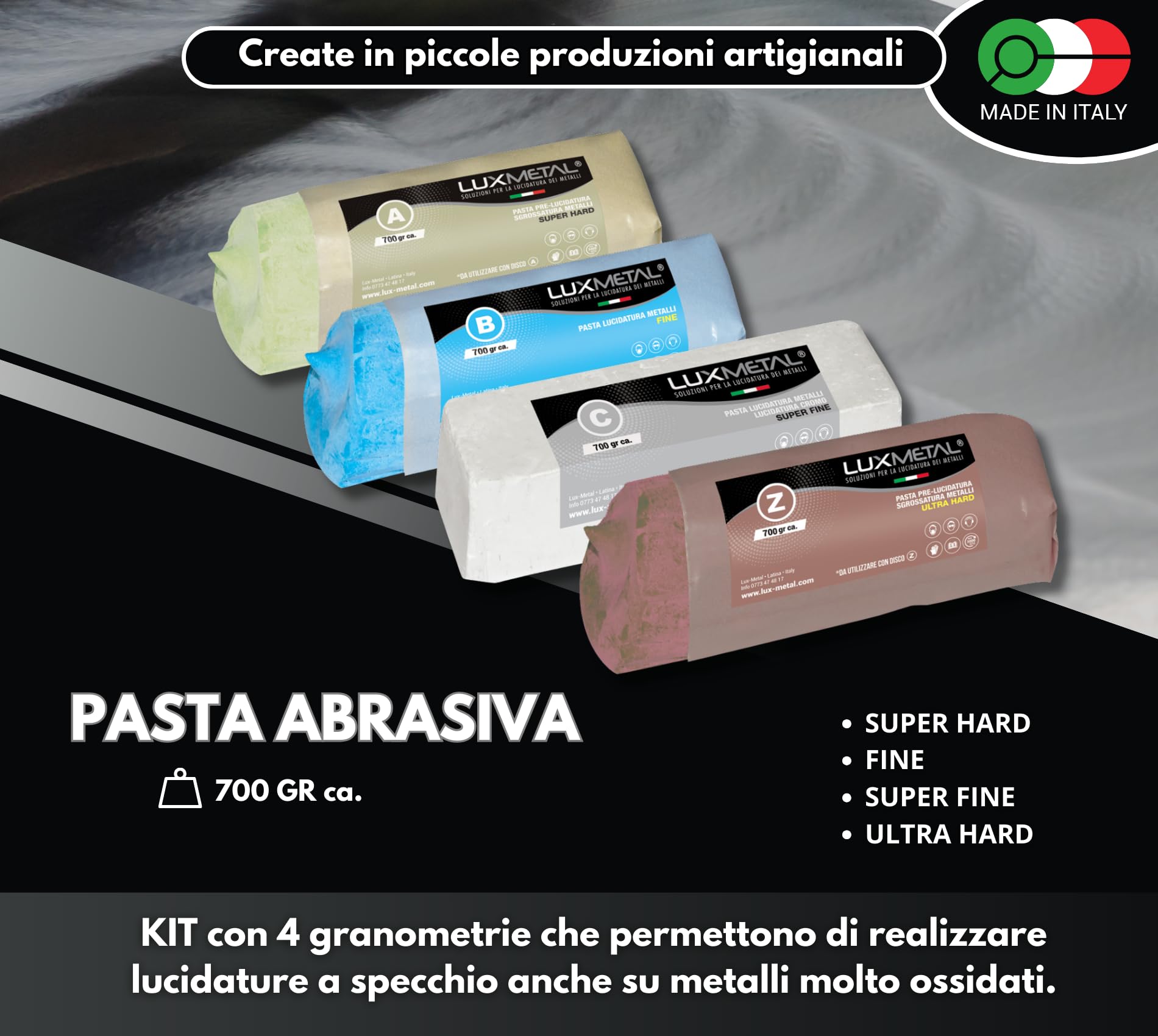 Lux Metal - Kit 4 Disco Lucidante 300 mm e 4 Pasta Abrasiva Lucidante 700 gr - Per Alluminio, Ferro, Acciaio Inox, Bronzo, Marmo - Ruota Lucidatura Metalli Mola Smerigliatrice Feltro