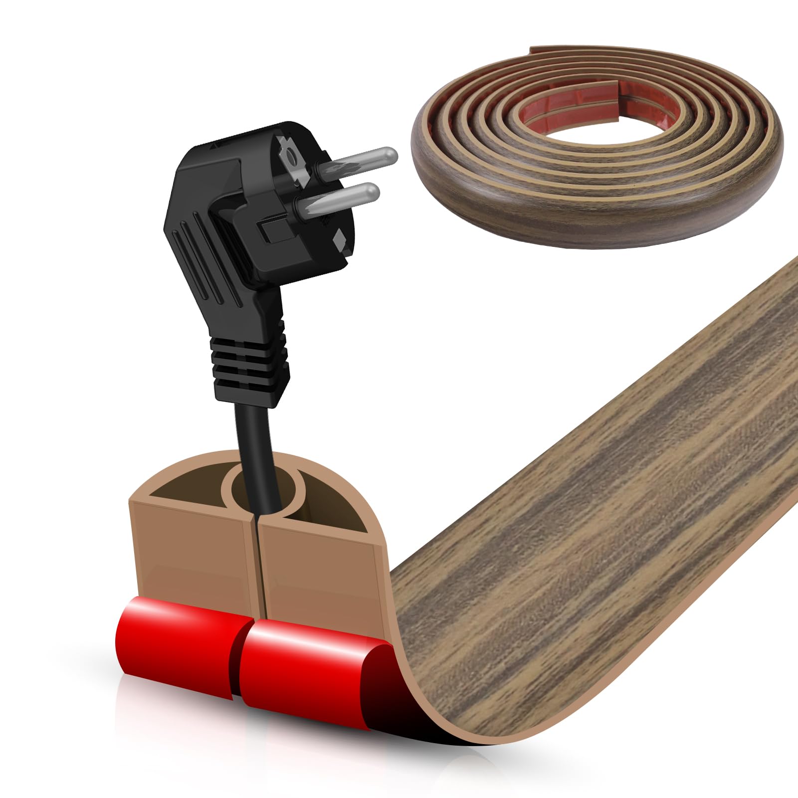 Cubierta de cable de suelo, 0.3 x 0.27 pulgadas, autoadhesiva, para suelo, 3 m, para gestión de cables de suelo, protector de cables eléctricos para oficinas, gimnasio, exposiciones, madera, marrón