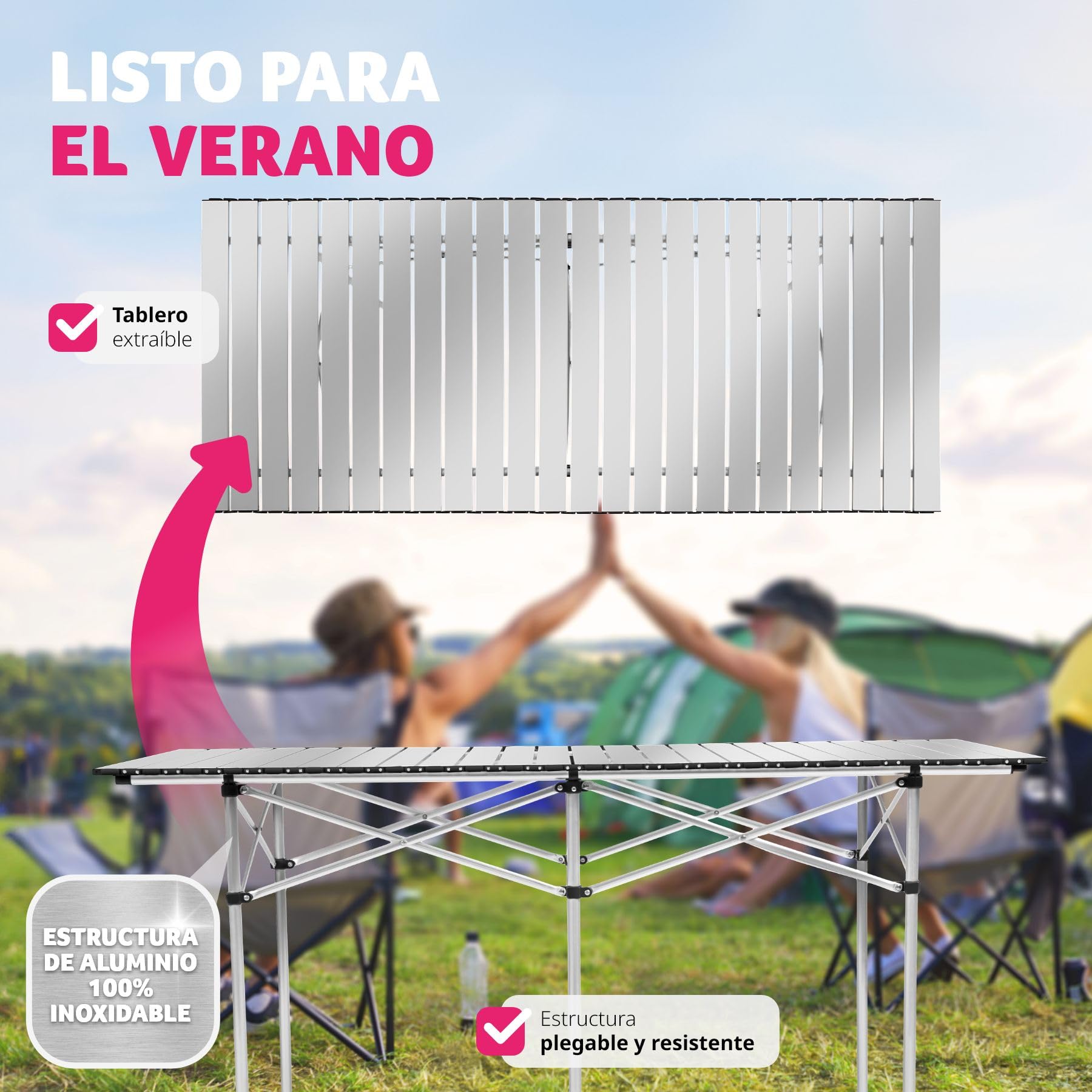 tectake® Mesa Plegable Aluminio, Mesa Camping Plegable, Mesa Jardín Exterior con Asa y Bolsa de Transporte, Impermeable, Fácil Montaje y Limpieza, Ideal Acampadas, Jardín, Terraza, Picnic, 140x70x70cm