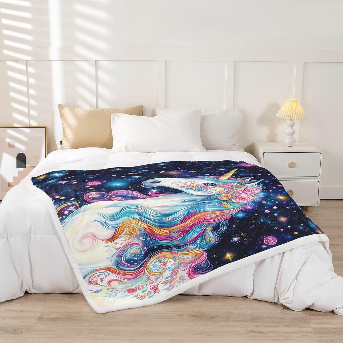 Castle Fairy Unicorn Horse Blanket Twin 60x80 Bohemia Exotic Floral Blanket for Kids Teens Kids Girls Colorful Glittering Galaxy Sherpa Blanket Lightweight Dreamy Rainbow Blanket Living Room Decor