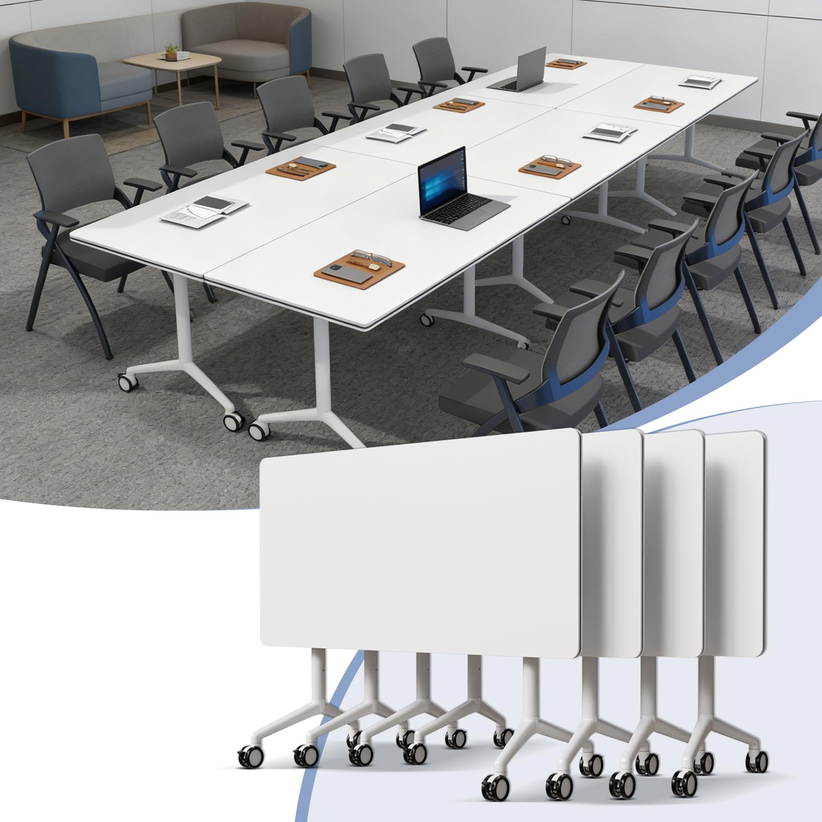Folding Conference Tables,Flip Top Conference Room Table Mobile Training Tables for 8-10 People,Meeting Table with Silent Wheels for Office Seminar Classroom Tables(8,White,70.8in)