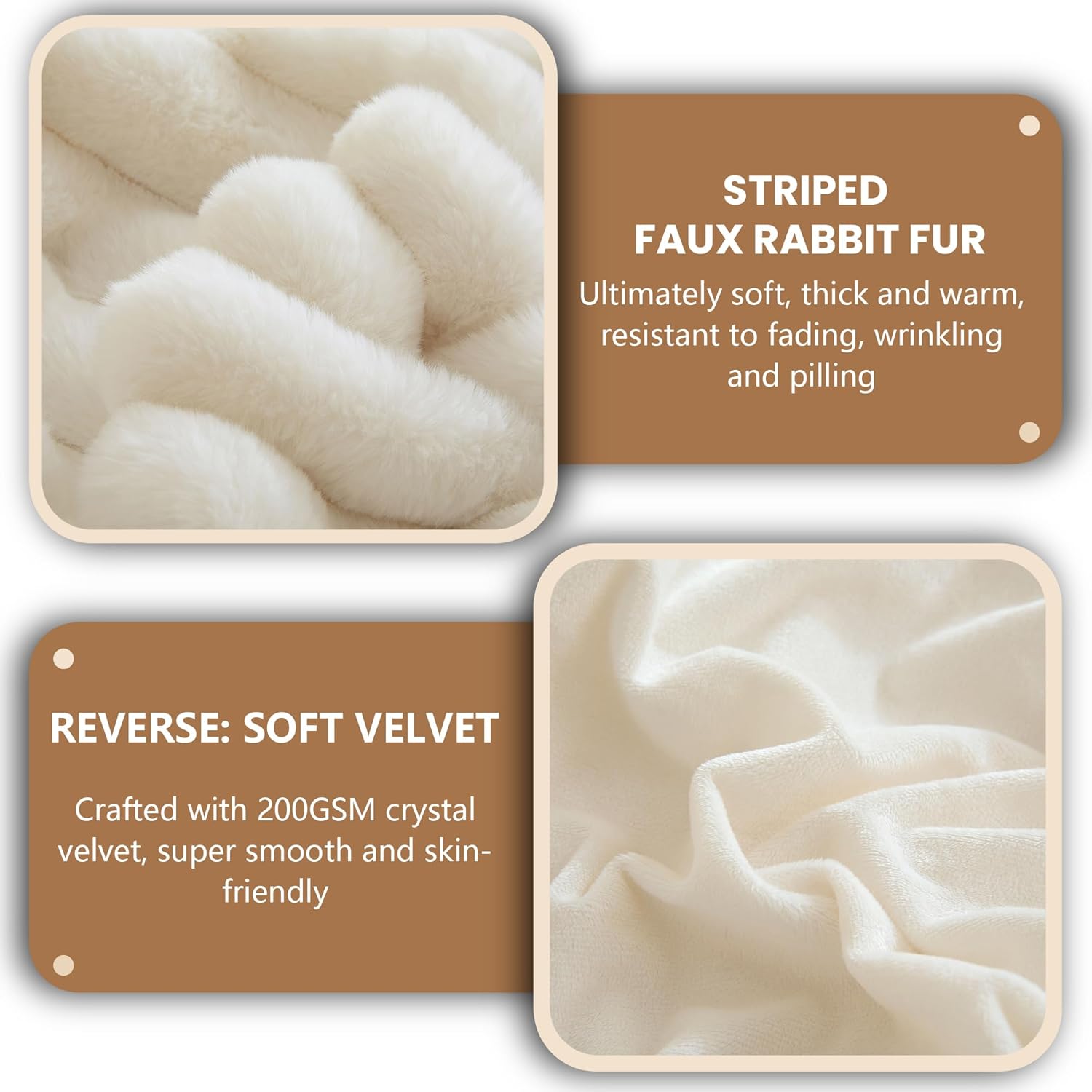 MEGO Fluffy Faux Rabbit Fur Throw, Luxury Ribbed Stripe Plush Fuzzy Blanket for Bed Couch Sofa Chair, Ivory Shaggy Throw Bedroom Living Room, Furry Blanket for Kids Girls Teens Adults, 50x60, Beige