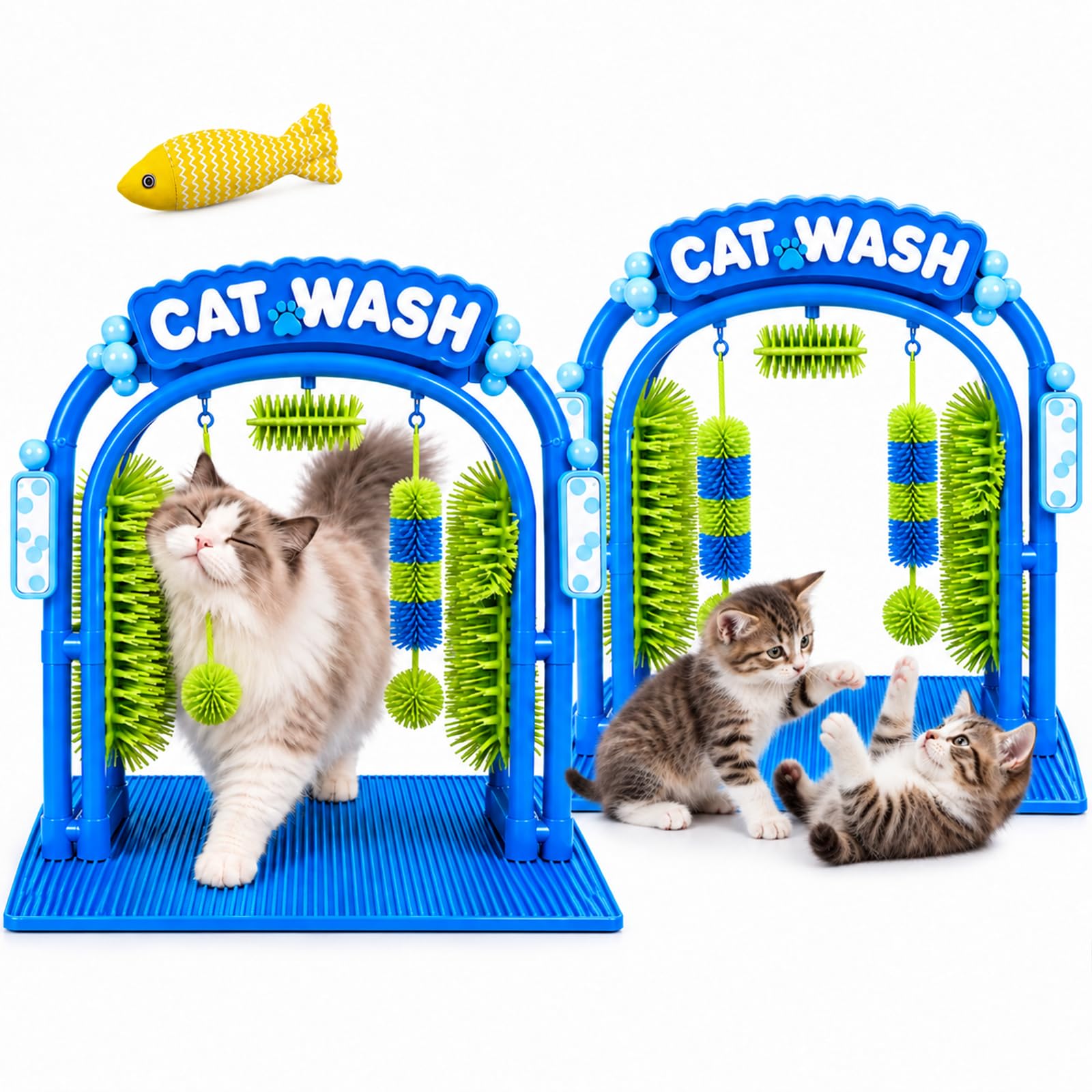Cat Wash Grooming Station für Katzen, Selbstpflege Bogen mit Massagebürste, Fellpflege Bürste zur Haarentfernung für Wohnungskatzen, Katzen Pflegestation mit Stabiler Basis und Fischspielzeug (2Pcs)
