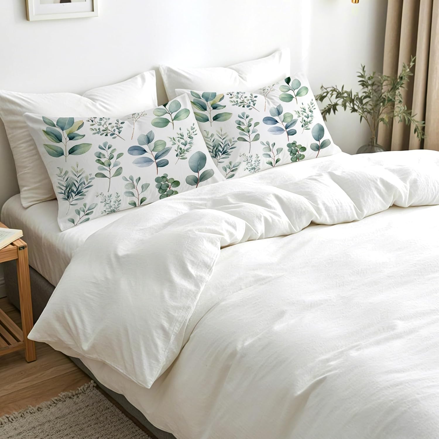 Eucalyptus Leaf Pillow Cases King Size Set of 2 - Soft Breathable Microfiber Pillowcases with Envelope Closure, Green Leaves Botanical Patterned Pillow Covers, Eucalyptus Leaf Decor