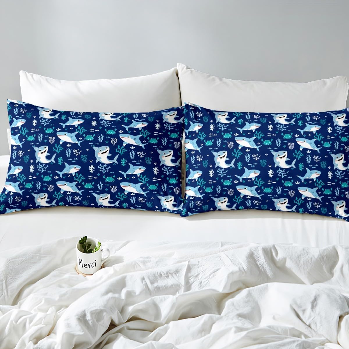 Cute Shark Fitted Sheet Queen,Seaweed Coral Bedding 3pcs for Kids Teens Girls Boys Room Decor,Marine Life Undersea Animals Bed Cover Sea Blue Bed Sheet Set with 2 Pillowcases