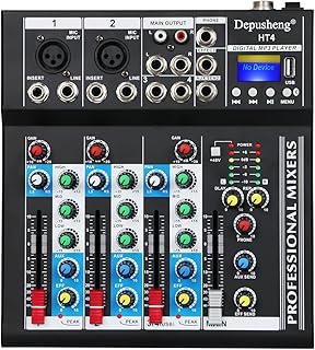 Depusheng HT4 Mezclador de audio portátil con conector USB de 4 canales profesional, consola de mezcla de sonido de DJ de audio de estudio en vivo Bluetooth para grabación de computadora, bandas