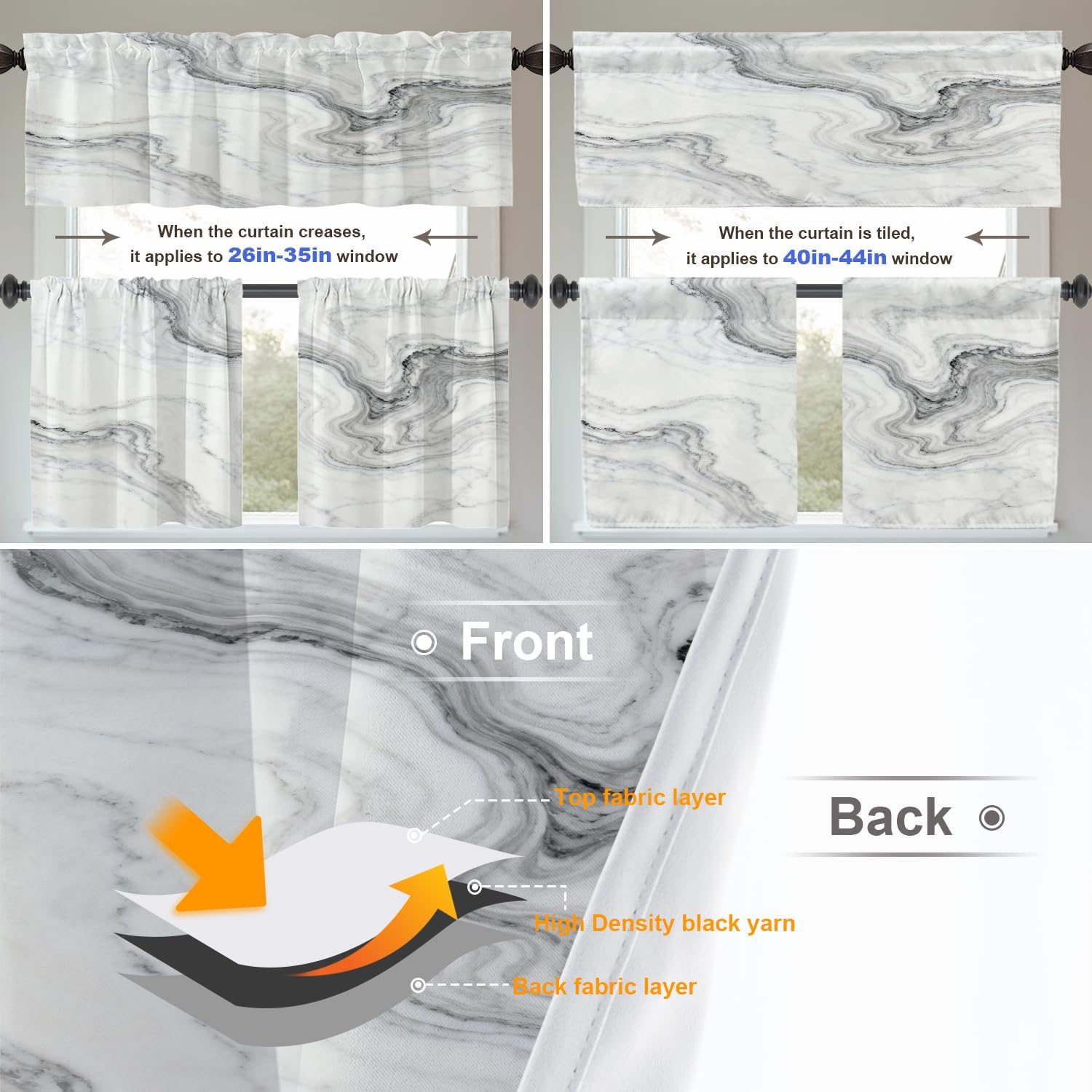 White Gray Abstract Marble Kitchen Tier Curtains for Windows,Black Art Curvy Wave Blackout Valances Multilayer Polyester Window Treatments for Kitchen 2 Pack 26X24 Inches