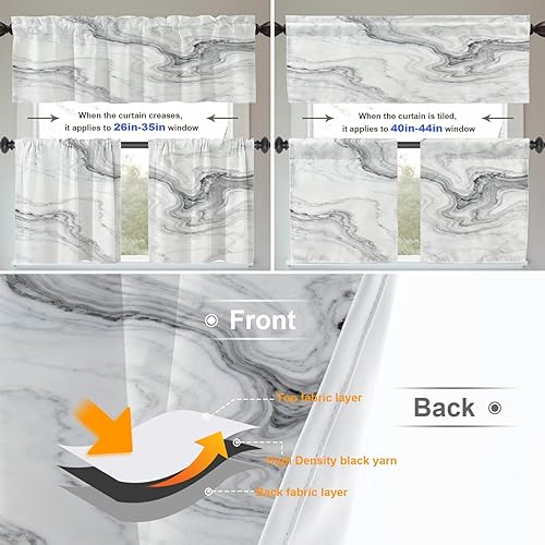 Miniatura 3 de BaoNews Cortinas opacas de mármol abstracto blanco y gris para ventanas, cenefas opacas de poliéster multicapa para cocina, paquete de 2 unidades,