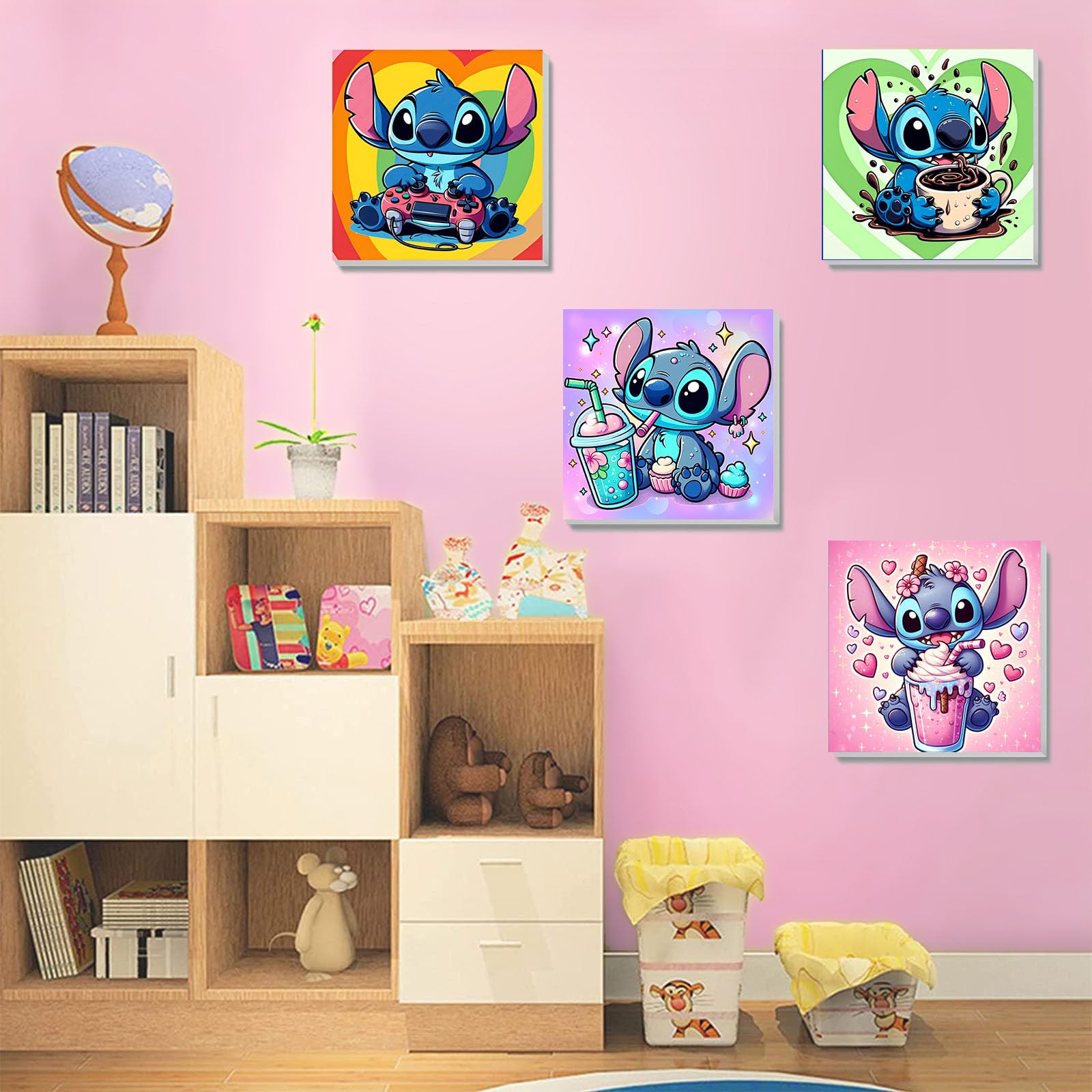 KOJEFCV 4 Pack Cartoon Paint by Numbers for Kids with Framed Canvas-with Wooden Easel, Paint by Number for Kids Ages 4-8-12, DIY Easy Acrylic Oil Painting Kits for Home Wall Decor (8X8inch)