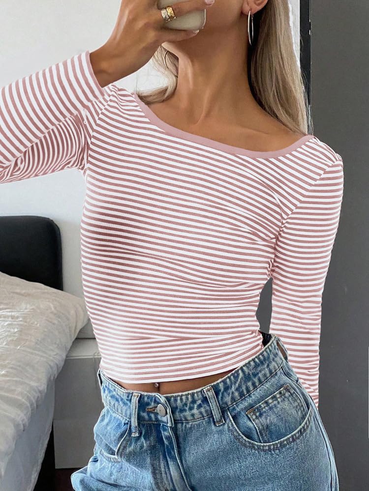 POHADON Women Sexy Backless Long Sleeve Striped Shirt Y2K Clothes Slim Fit Open Back Going Out Tees Trendy Crop Tops - Image 3