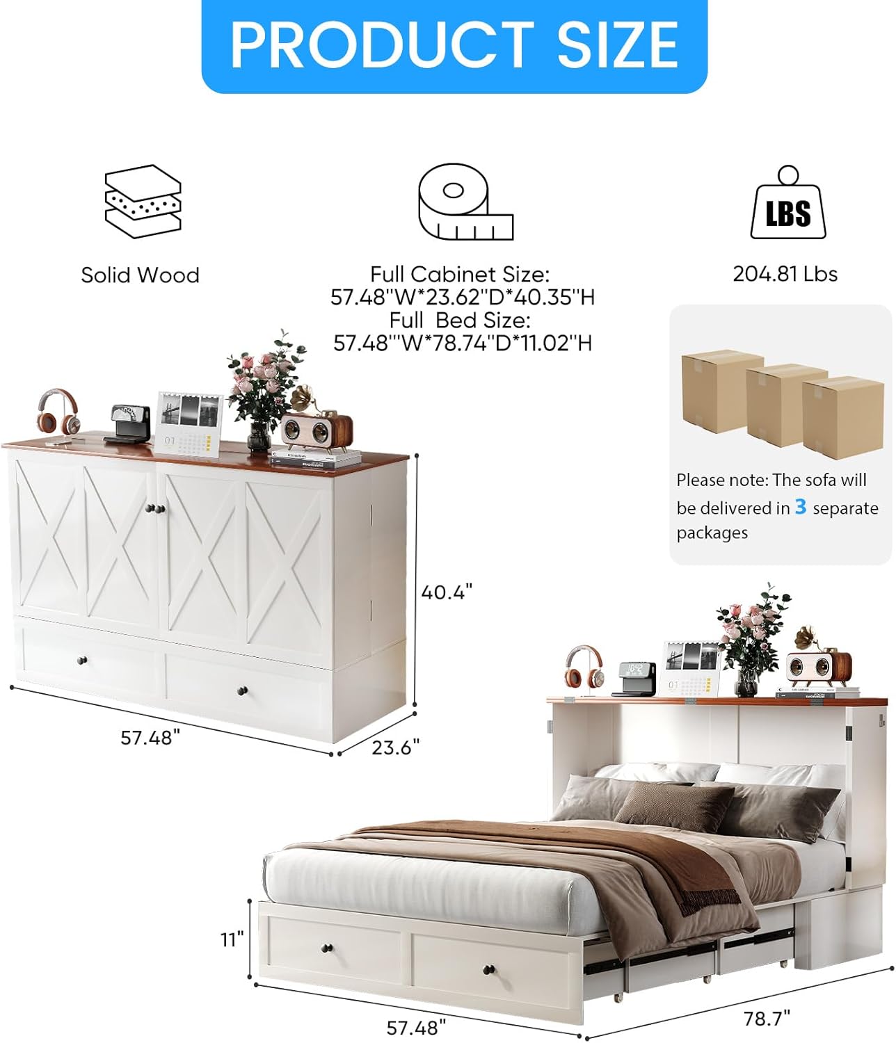 PUREMIND Murphy Bed Full with Mattress, Hideaway Cabinet Bed Frame with Storage Drawers, USB Charging Ports - Space Saving Chest beds for Guest Room