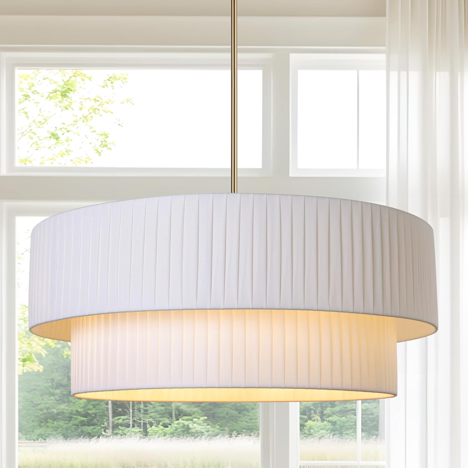 LamQee Large Modern Fabric Chandelier, 2-Layer 23.6inch Drum Light Fixture Gold Haning Ceiling Pendant Light with Adjustable Height for Dining Room Living Room Bedroom Kitchen Island 23.6inch-Gold