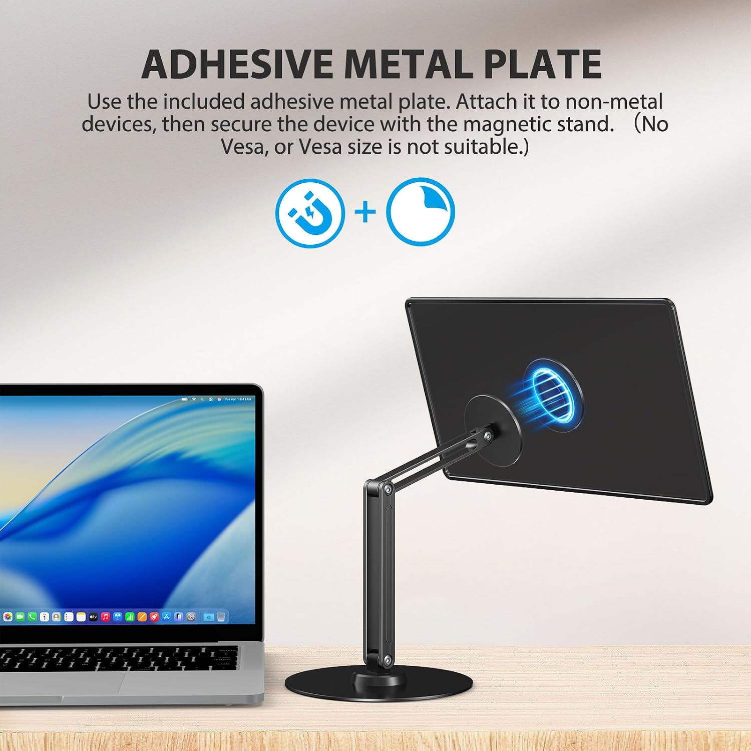 UPERFECT Portable Magnetic VESA Stand, All-Aluminum Adjustable Arm for 10–19″ Devices, 75×75mm VESA, Adhesive Metal Plates, 360° Swivel Base, Supports up to 4.4 lbs, Travel Desk Stand