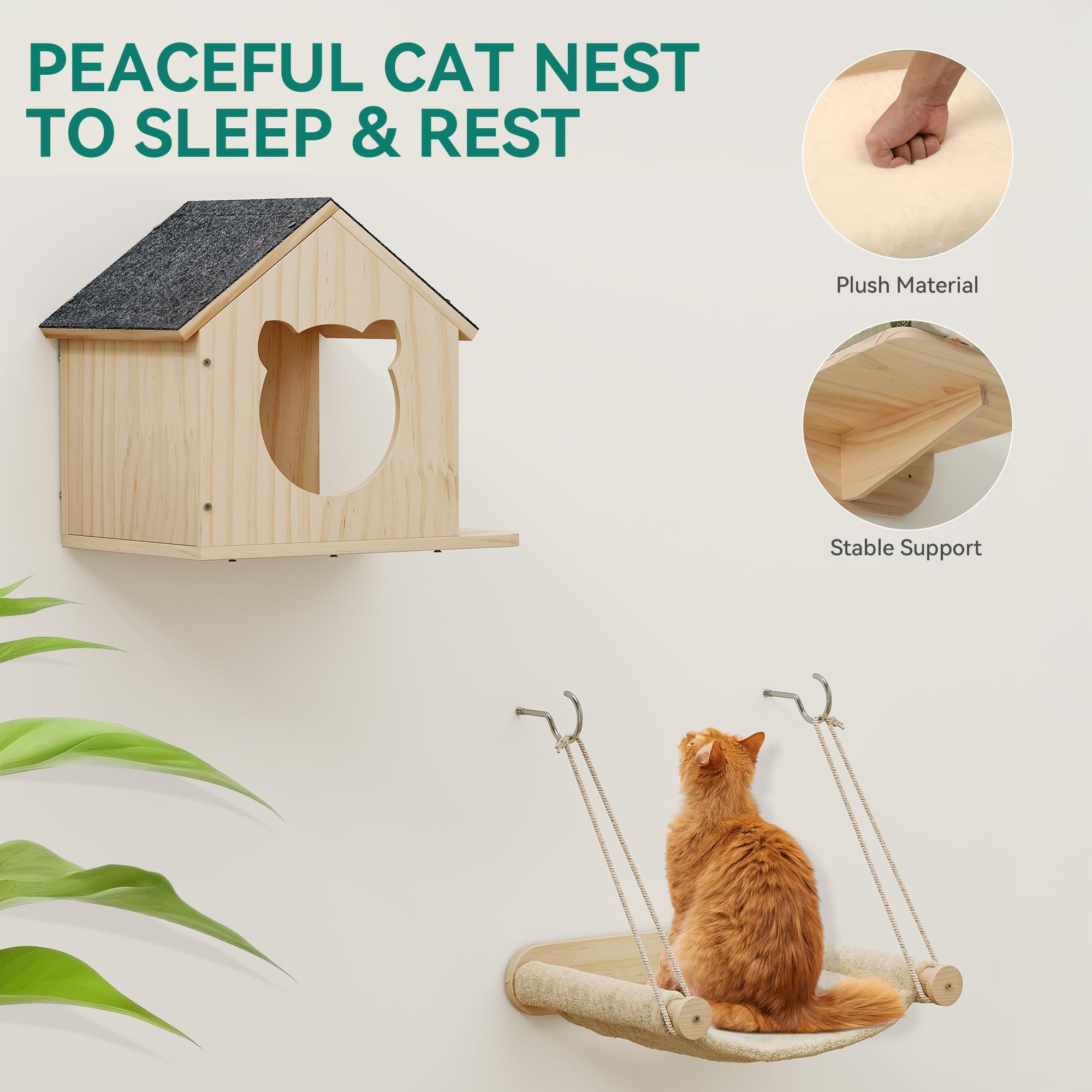 YITAHOME Set da parete per gatti in legno robusto, 7 ripiani con casa, ponte sospeso, scale, amaca e tiragraffi per dormire, giocare e riposare
