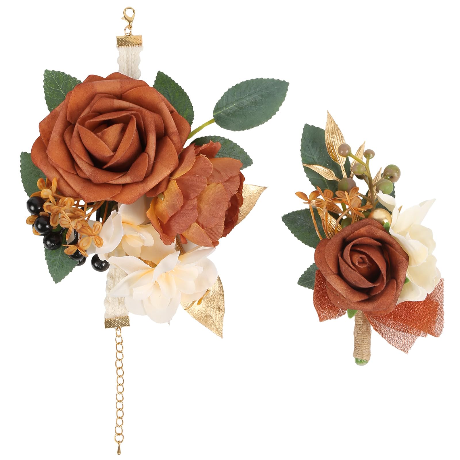 Muiltvoe 2Pcs Wedding Corsage and Boutonniere Set Burgundy Rose Corsage Wristlet and Boutonniere for Men Women Groom Bride Bridesmaid Groomsmen Wedding Party Accessory Prom Decoration (Burgundy)