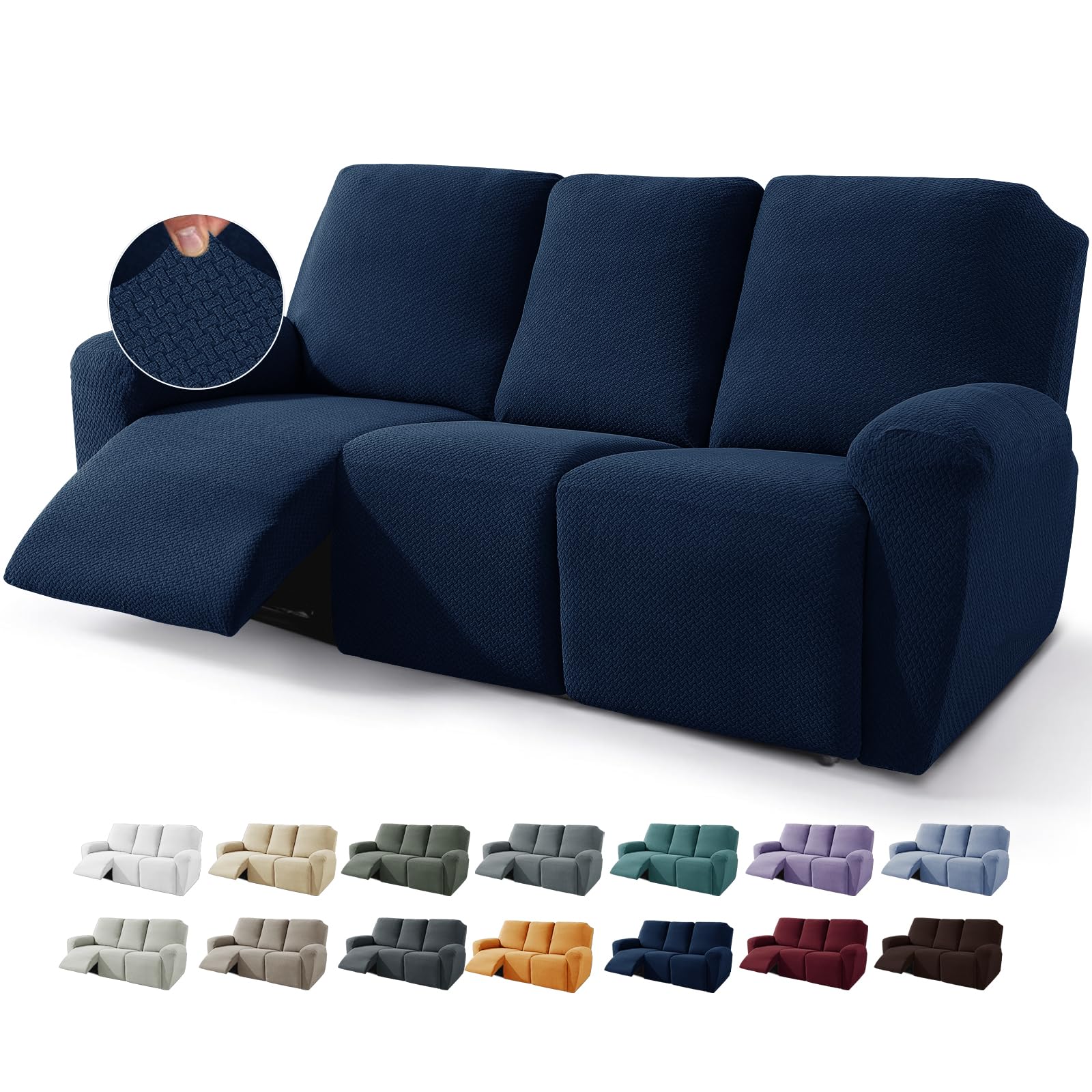 JIVINER Lot de 8 housses de canapé inclinables en jacquard extensible pour canapé 3 places pour salon, protection douce et inclinable avec poche (3 places, bleu marine)