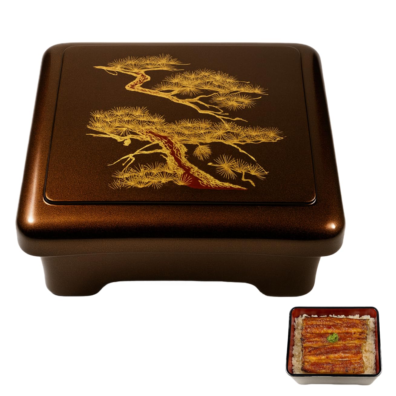 JapanBargain 4121, Japanese Unagi Don Box Bento Box Donburi Poke Container Traditional Japanese Lacquered Lunch Box,Made in Japan, Gold Pine (1, Gold)