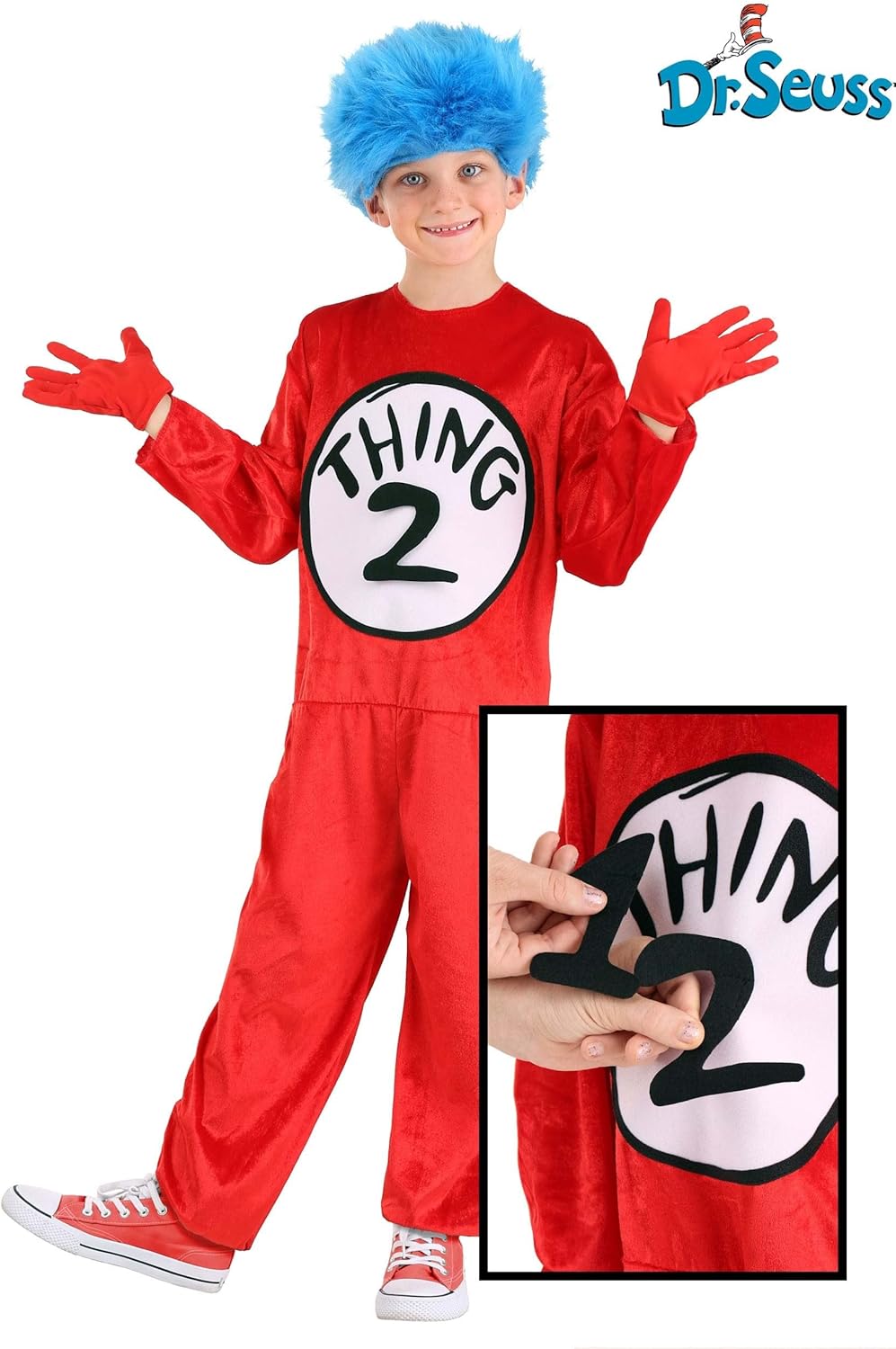 Dr. Seuss Thing 1 & Thing 2 Costume for Kids with Jumpsuit, Wig & Two Stick On Numbers - Officially Licensed