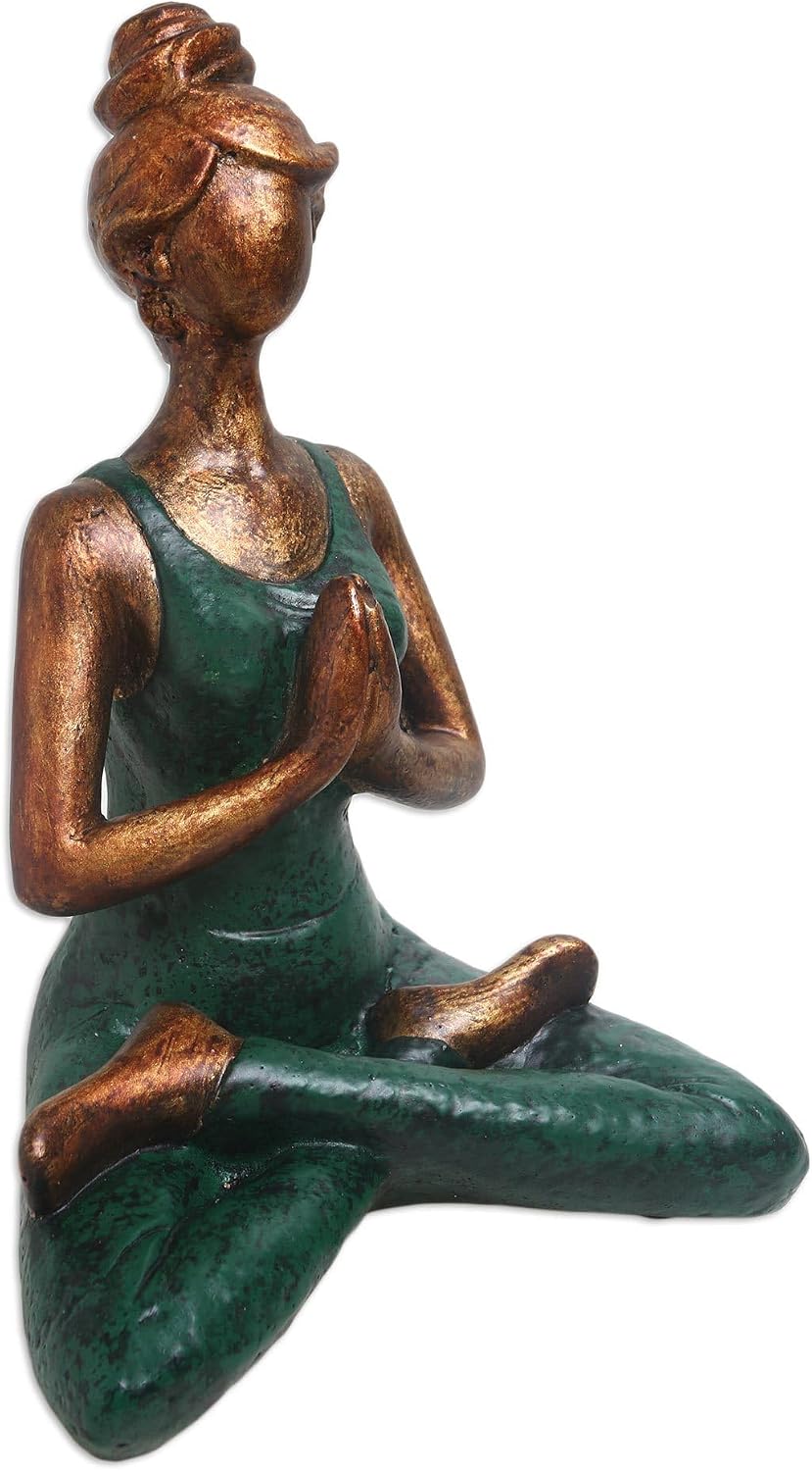NOVICA Artisan Handcrafted Cement Statuette Artisan Yoga Brown Green Indonesia Sculpture [9in H x 6.75in W x 5in D] ' Asana Pose in Green'