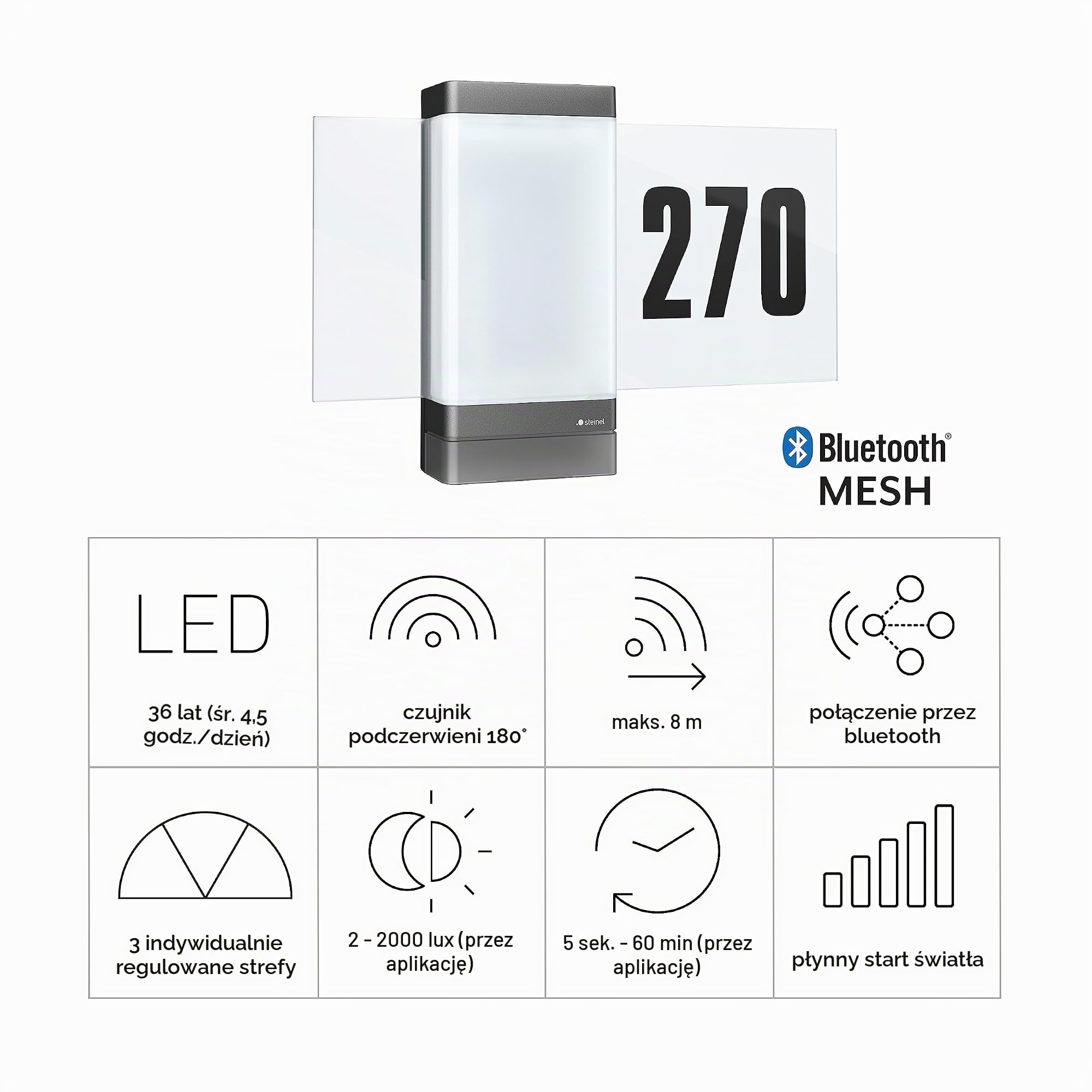 STEINEL Inteligentne oświetlenie LED numer domu L 270 SC, podświetlana tablica z numerem domu, światło z czujnikiem ruchu, miękkie światło startowe, zewnętrzne światło ścienne, pilot zdalnego
