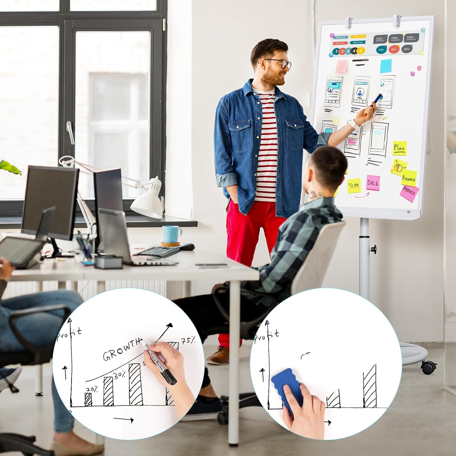 Whiteboard on Wheels 36 x 24 inches - Standing Magnetic Dry Erase Board, Mobile White Board Easel with Flipchart Hooks Portable Rolling Easel for Classroom Office Home (Silver)