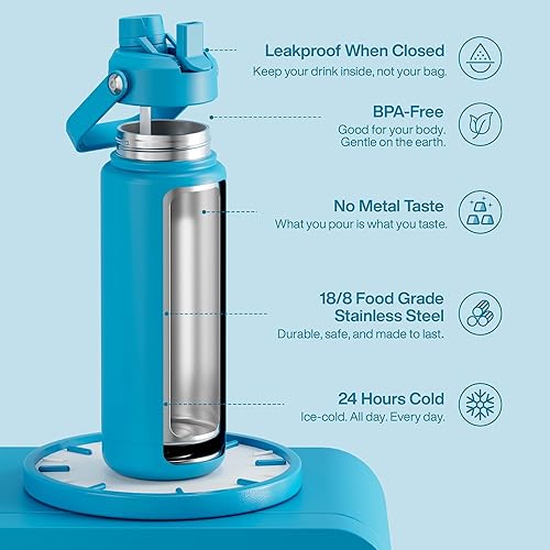 Miniatura 289 de ENCOOL Botella de agua aislada con popote, de acero inoxidable, a prueba de fugas, sin BPA, al vacío de doble pared que se mantiene fría durante 24