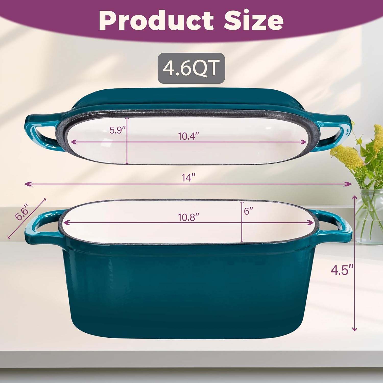 4.6-Quart Oval Dutch Oven for Bread Baking, 2 in 1 Enameled Cast Iron Bread Pan with Lid, Sourdough Bread Dutch Oven for a Crispy Crust, Teal