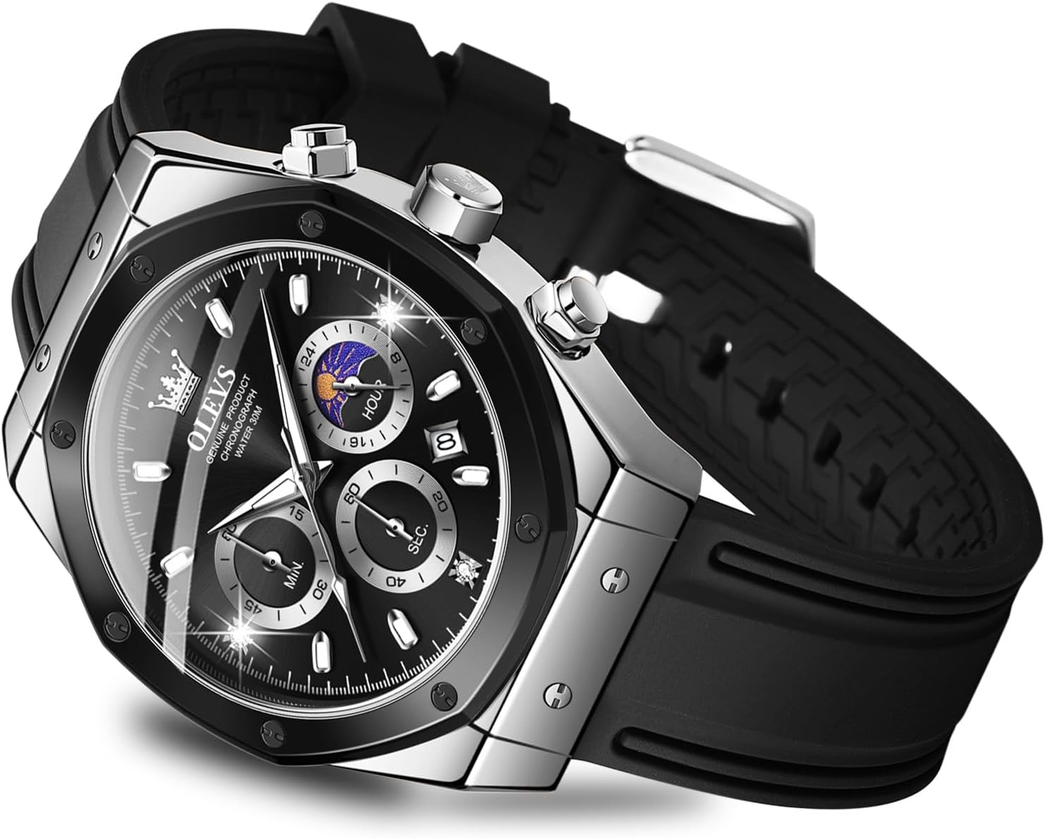 Mens Wrist Watches Multifunctional Chronograph Analog Quartz Business Calendar Waterproof Luminous Watch for Man Silicon Strap