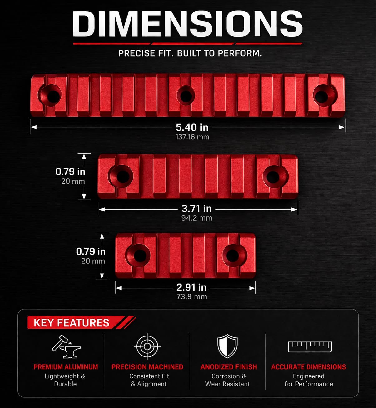 Gotical Pack of 6-2 Pieces of 5 Slots, 2 Pieces of 9 Slots, 2 Pieces of 11 Slots, Red Color, 12 Screw and 12 Nuts with 3 Allen Wrench,Compatible with MLOK Devices