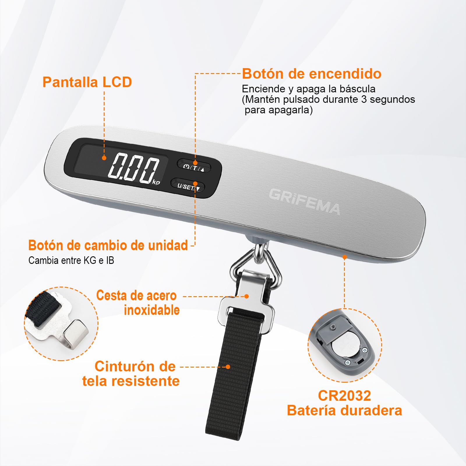 GRIFEMA GA2006 Báscula Maletas Viaje Portátil, Báscula de Equipaje con Pantalla LCD, 110 lb/50 kg, Plata