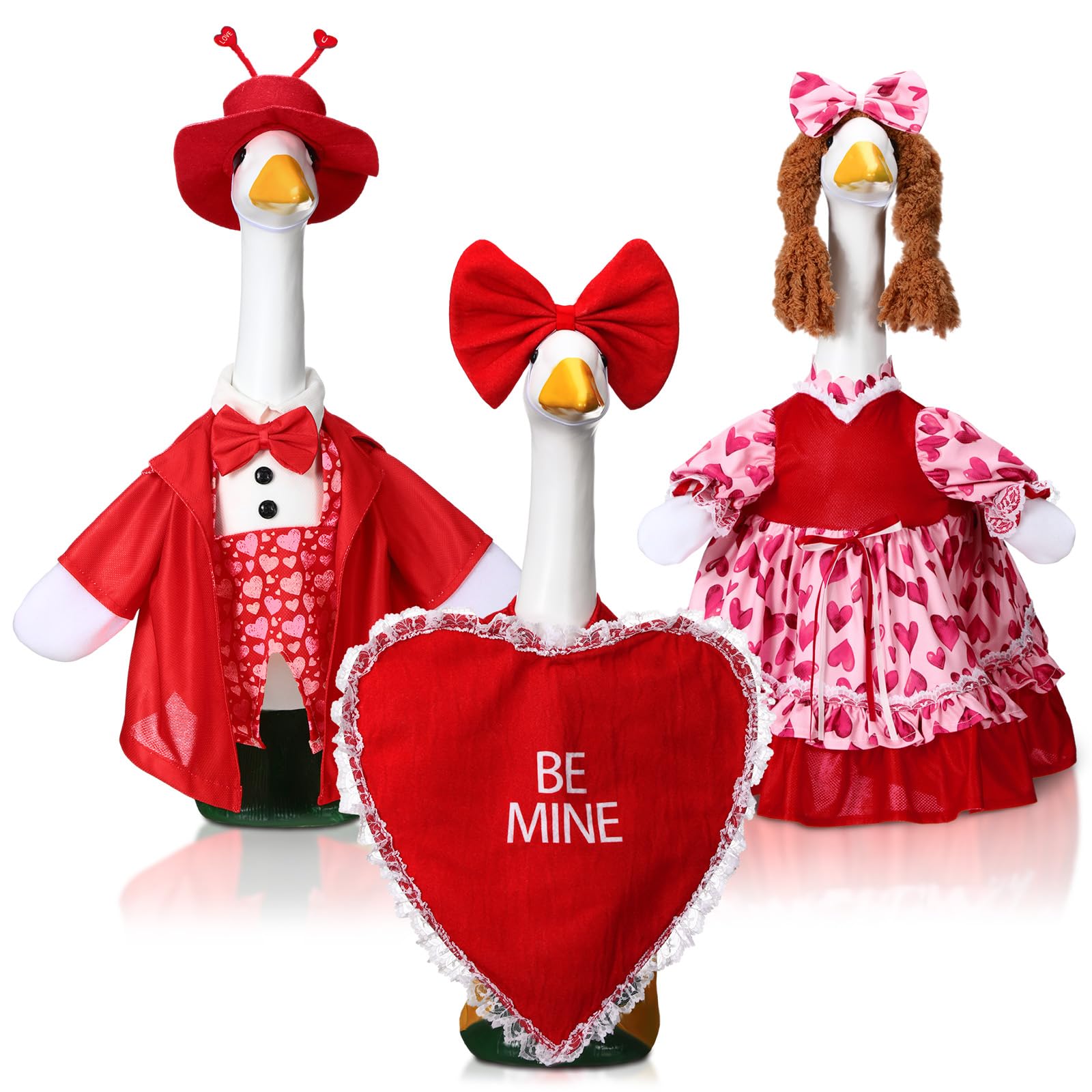 3 Set Valentine's Day Red Heart Porch Goose Outfit 23 Inch Cement Goose Clothes Costume for Holiday Garden Yard Decor