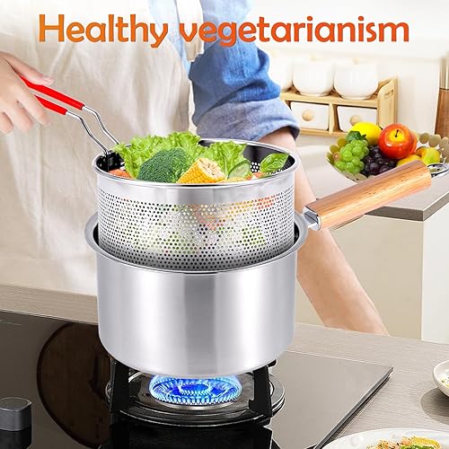 Miniatura 7 de 8 pulgadas de diámetro exterior, 5 pulgadas de alto, freidora multifuncional de acero inoxidable 304 con cesta de la freidora, olla de leche