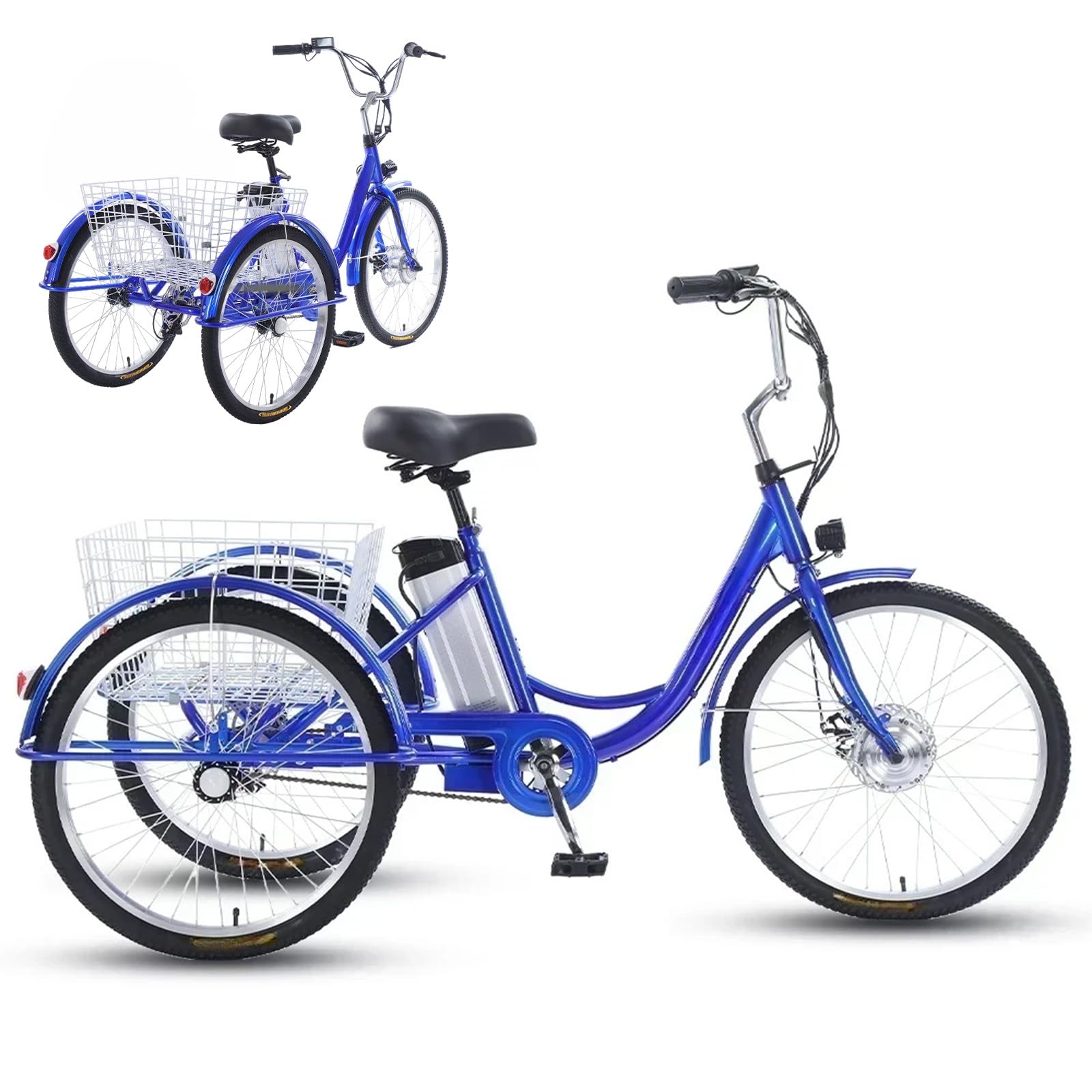 Triciclo elettrico per adulti a 3 ruote, ruote da 24", telaio ribassato, batteria rimovibile, display digitale e cestini portaoggetti per la spesa quotidiana, blu.